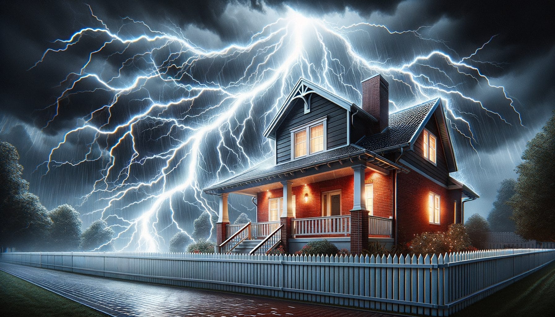 A dramatic scene of a two-story house with a brick exterior and a white picket fence during a powerful lightning storm. The sky is dark and filled with ominous clouds, while numerous bright lightning bolts illuminate the night, casting an intense glow over the house and surrounding trees. The house's windows emit a warm light, contrasting with the cold, stormy atmosphere. The wet ground reflects the lightning, adding to the overall intensity of the scene.