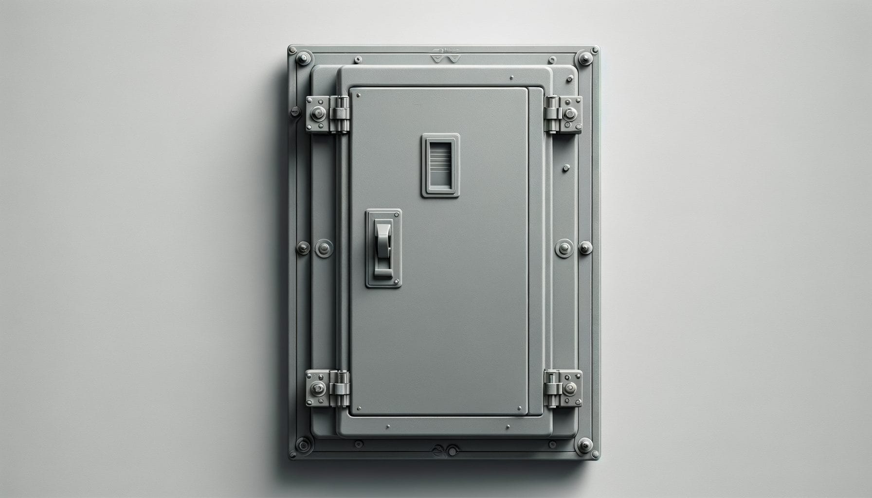 The image shows a sturdy, industrial-looking metal electrical panel mounted on a wall. The panel features a central door with a latch and hinge system, secured with multiple bolts. The design appears robust, with reinforced edges and corners, suggesting it is used for secure or heavy-duty purposes, such as housing electrical or mechanical components.