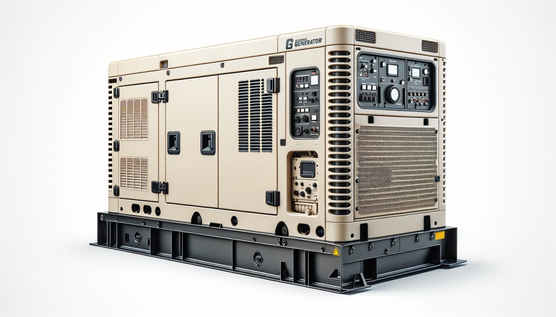 The image features a large, beige home backup generator with a clean and modern design. The generator is placed on a plain white background, allowing for clear visibility of its details. It has a sturdy, rectangular metal casing with several ventilation grilles and control panels on its front and sides. The control panels display various buttons, switches, and gauges, indicating a complex and high-tech piece of equipment. The base of the generator is reinforced with a black metal frame, providing stability. There are no visible brands or logos, making it appear generic and unbranded.